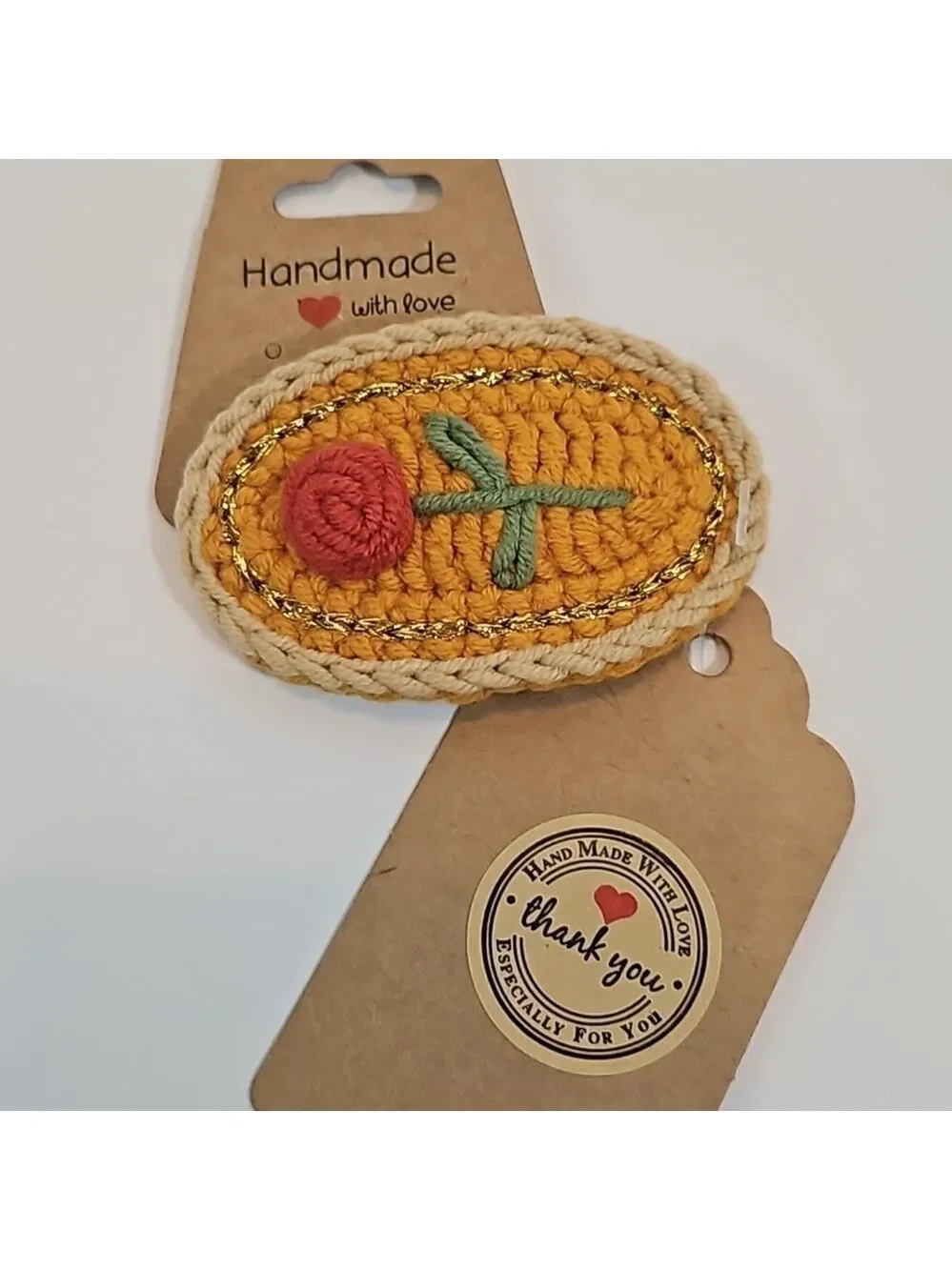 Hand Crafted Hand Knit Crochet  Hair Clip Red Rose embroidered Snap Clip 2.5
